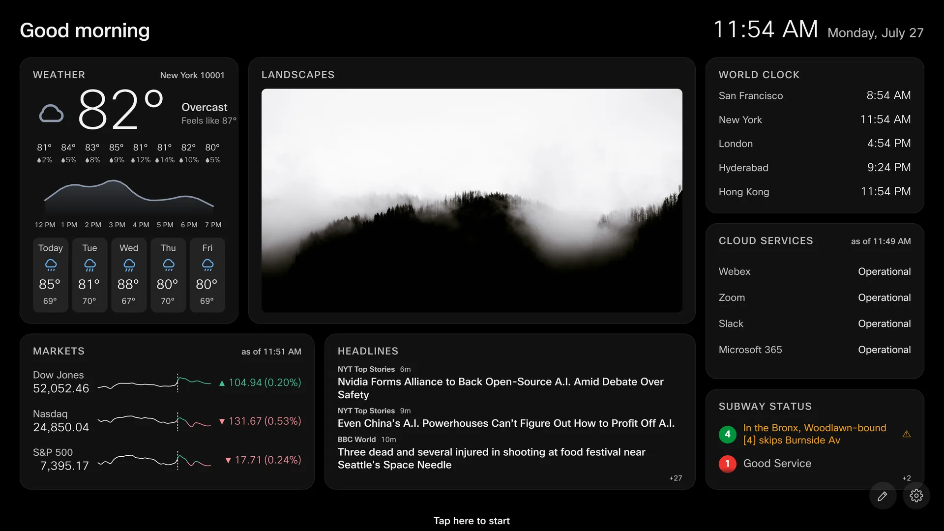 An idlescreen display showing Weather with hourly rain chances, Landscapes, World Clock, Cloud Services, Markets, Headlines, and Subway Status.