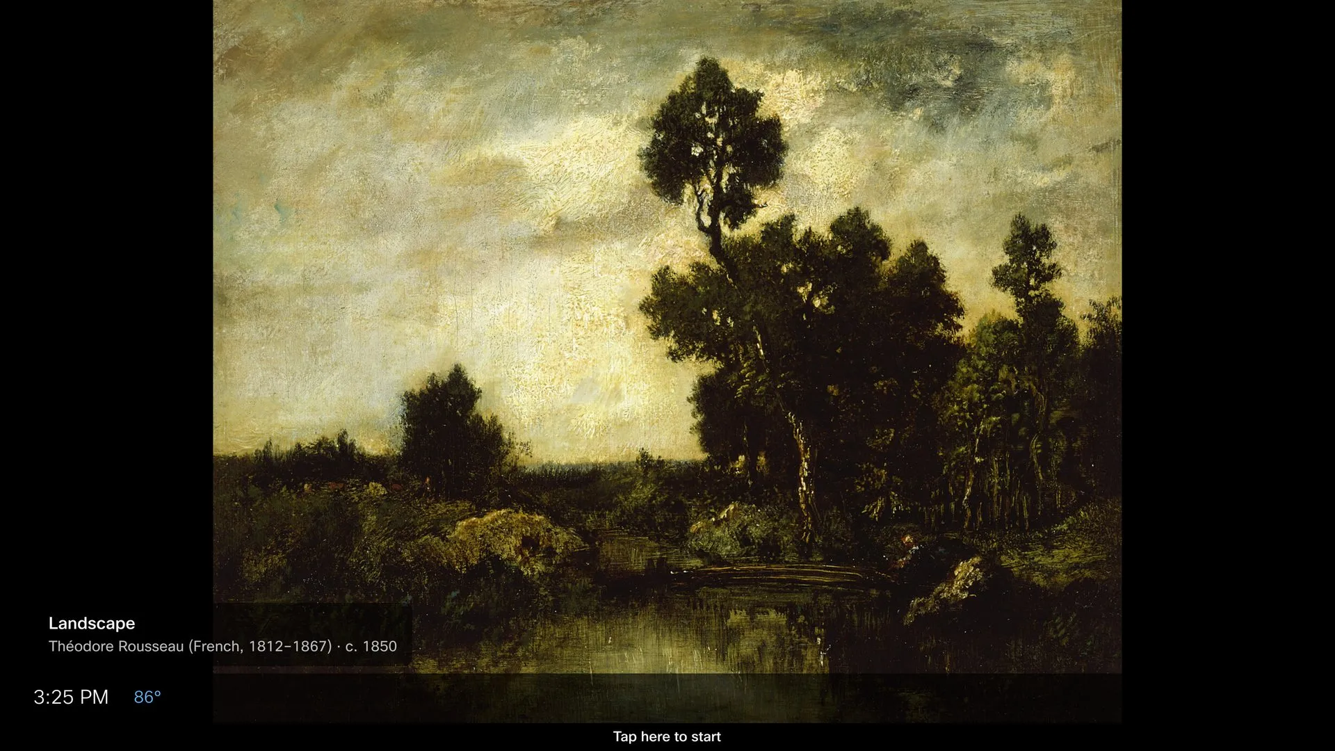 The art screensaver: a full-screen painting with a slim clock and temperature band