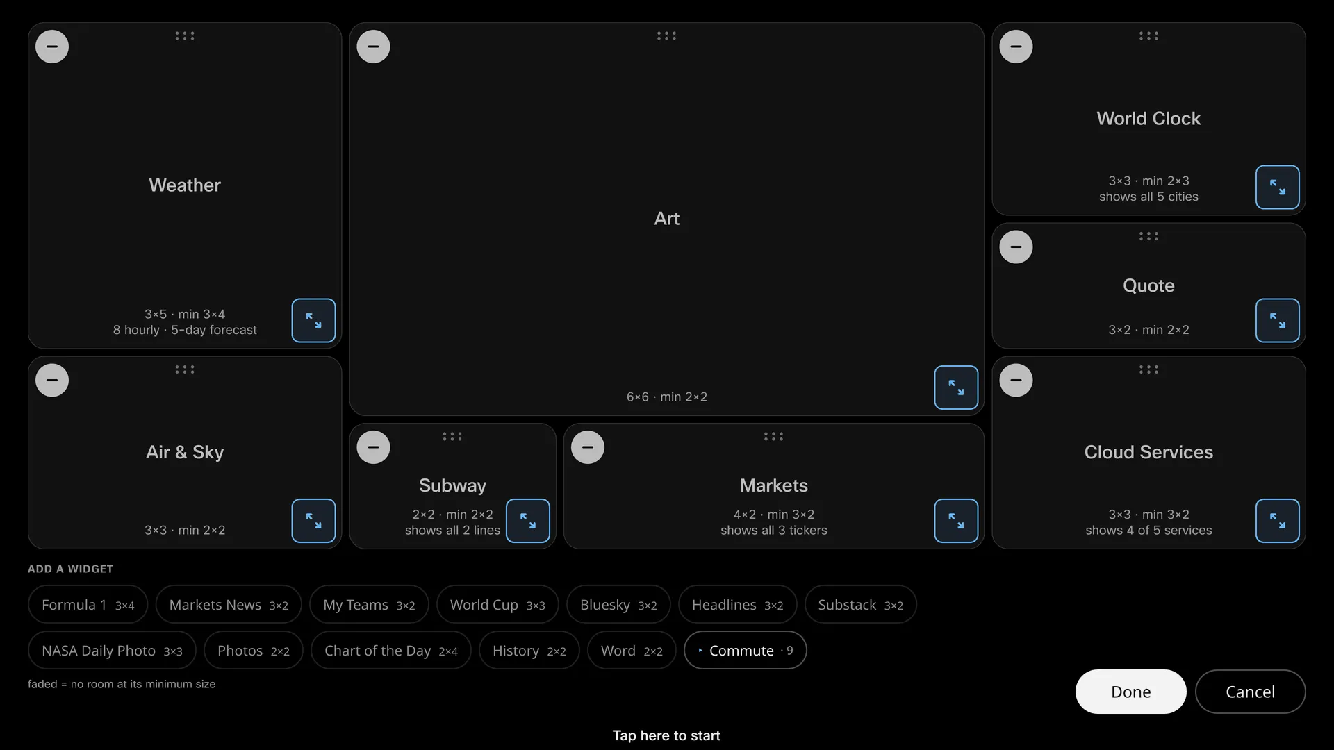 The layout editor: cards on the grid with drag handles, and the add tray along the bottom